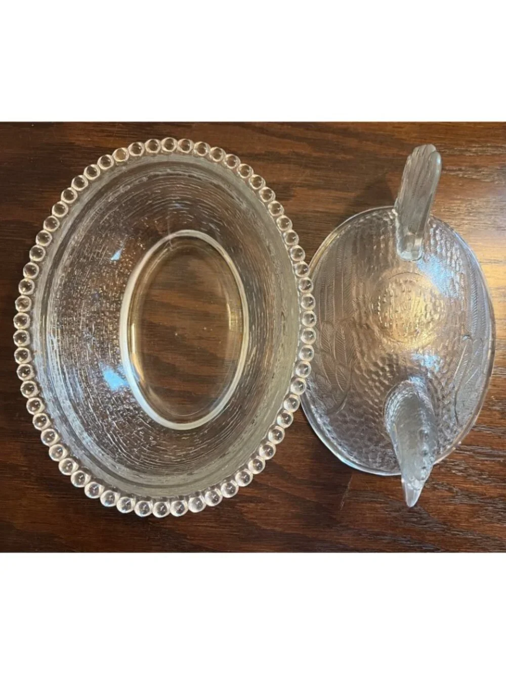 Vintage Indiana Glass Hen On Nest Covered Dish Beaded Edge - Decorative Clear